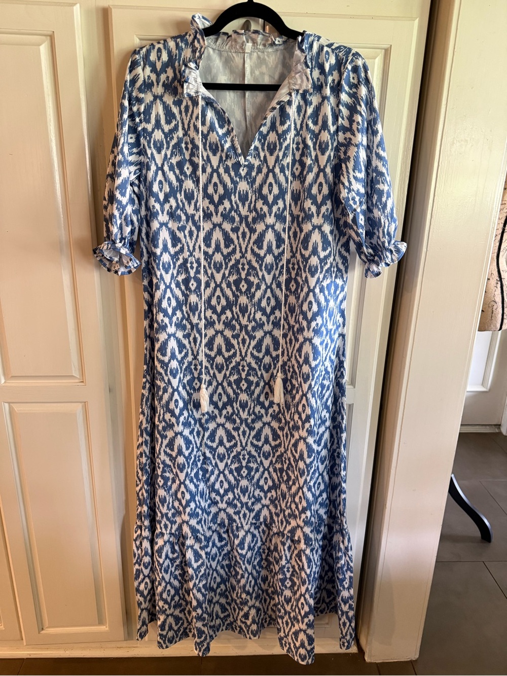 Blue & White Ikat Maxi Dress with Tassel Tie